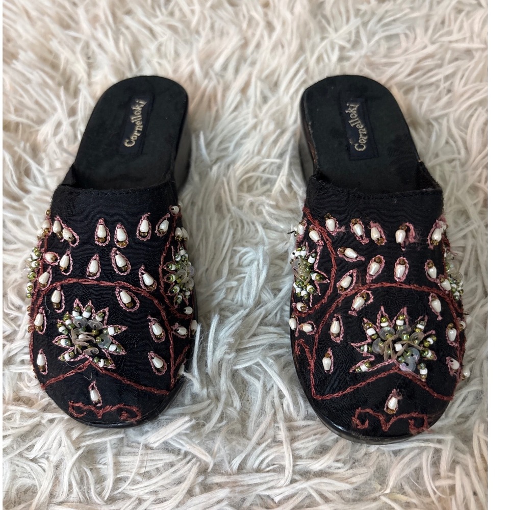 Cornelloki Kids Black Beaded Floral Wedge Mules Size 10